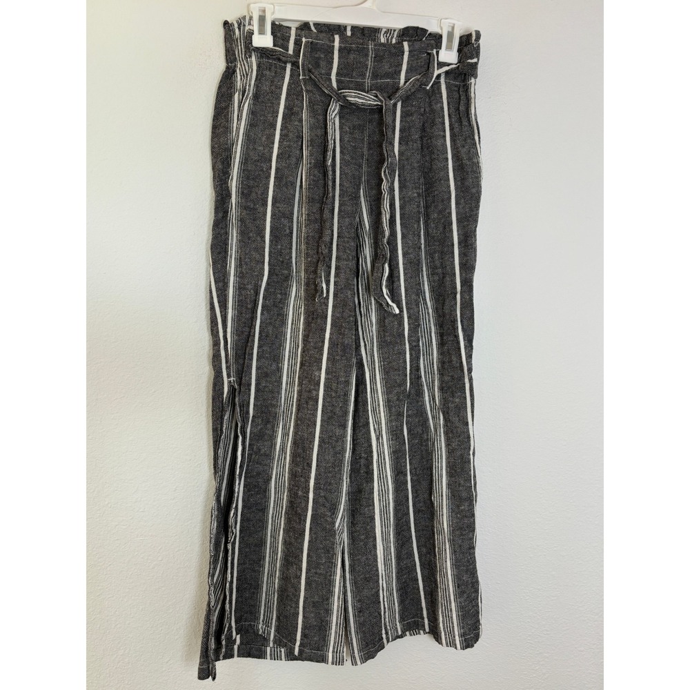 Rewash Linen Blend Striped Wide Leg Paperbag Waist Pants Charcoal Gray Small